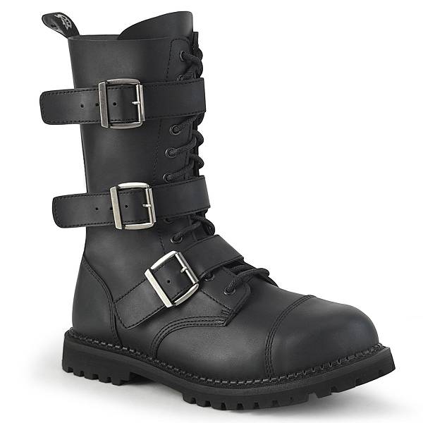 Demonia Women's Riot-12BK Mid Calf Combat Boots - Black Vegan Leather D8453-27US Clearance